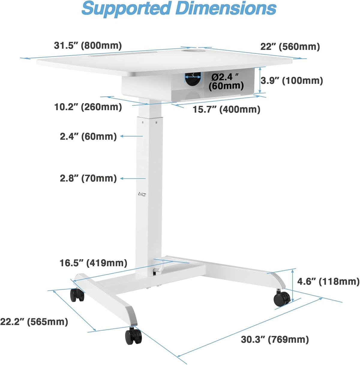 44 Height Adjustable Rolling Desk with Shelf, White C646688