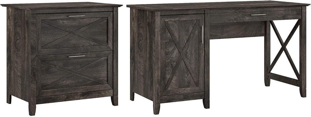 54W Linen White Oak Computer Desk with Storage and 2 Drawer Lateral File Cabinet L1371