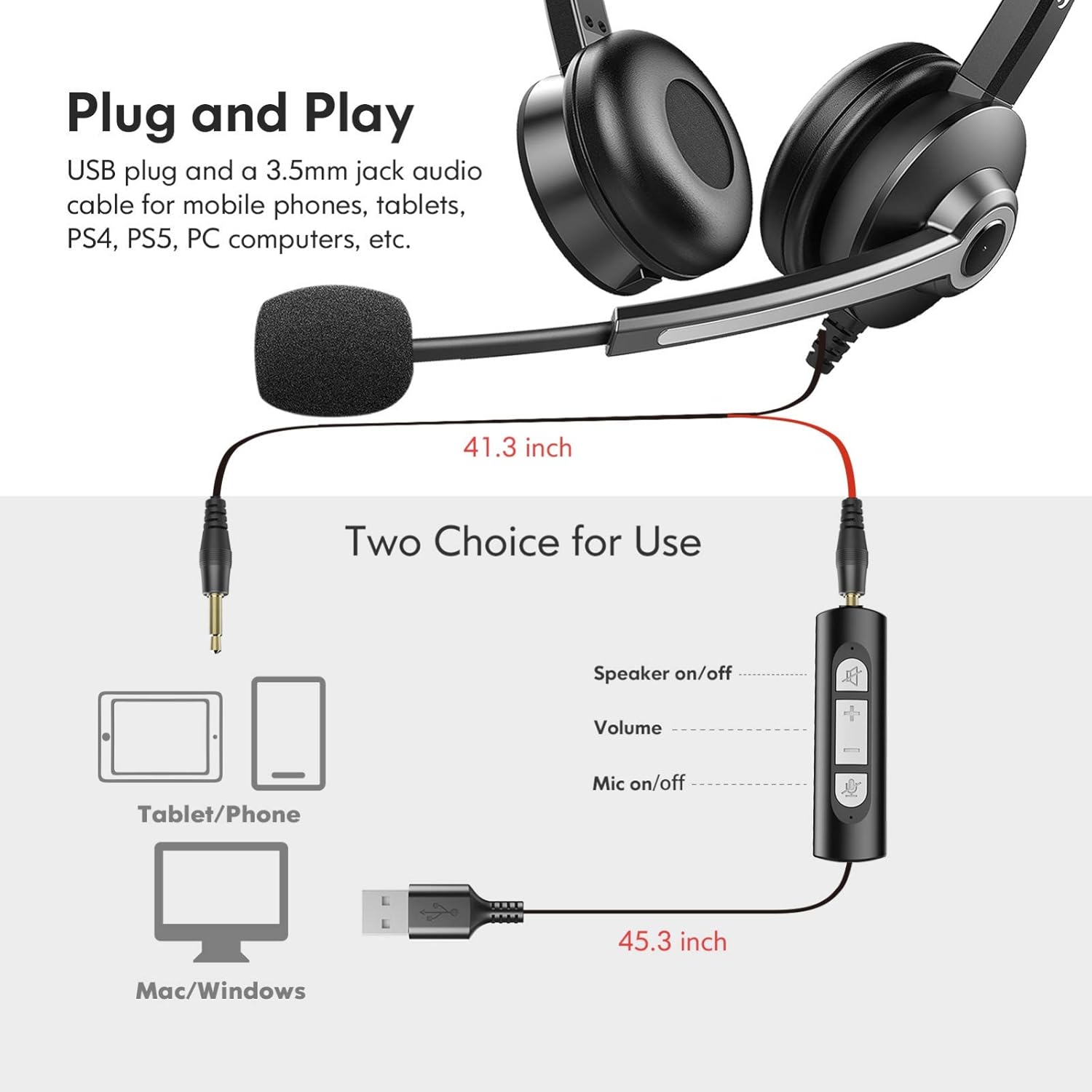 USB Computer Headset with Microphone, 3.5mm Wired Stereo Noise Cancelling Corded Desktop Headphones with Mic & Mute I5801
