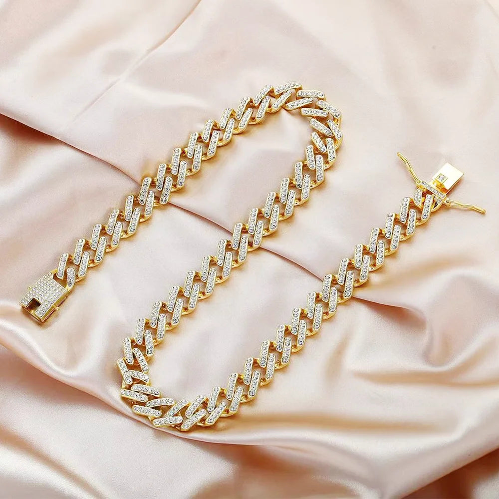 Iced Out Cuban Link Necklace and Bracelet Set, 15mm, Gold W425777