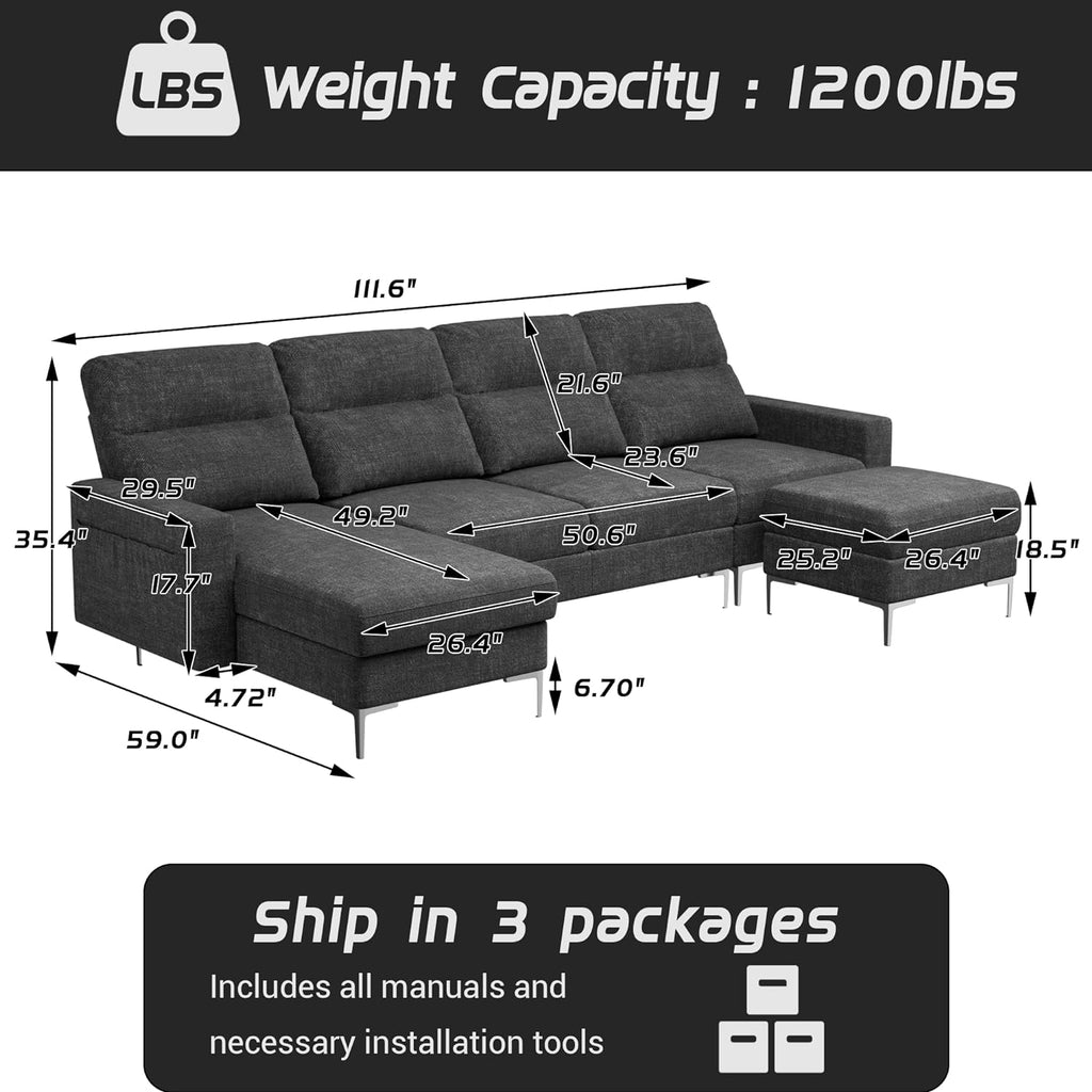 Modular U Shaped Fabric Sectional Sofa with Ottoman, 4 Seater, Metal Legs, Dark Grey M220970